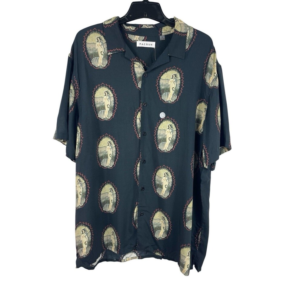 PacSun XL Black All Over Woman Goddess Art Print Camp Shirt European Summer NWT
